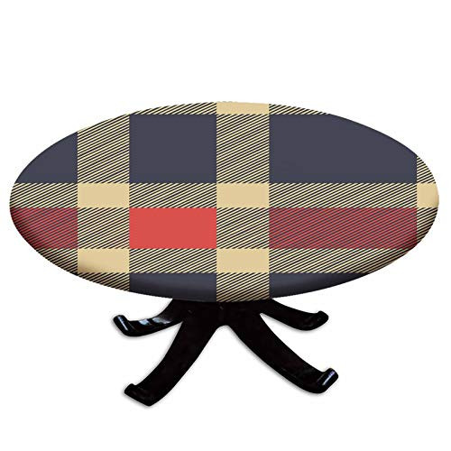 Elastic Edged Polyester Fitted Table Cover-Vintage Plaid Tartan Pattern Design Retro Display Checks Cross Lines-Fits up to 36" Diameter Tables-The Ultimate Protection for Your Table-Dark Blue Coral Cr
