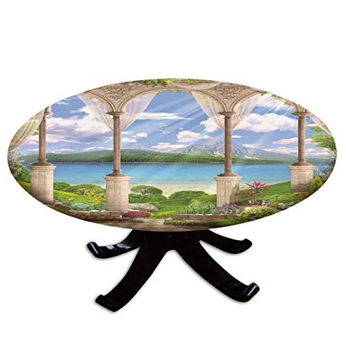 Elastic Edged Polyester Fitted Table Cover-Old Ancient Stone Arch View The Sea Balcony Fresco Garden Plants Spiritual-Fits up to 36" Diameter Tables-The Ultimate Protection for Your Table-Multicolor