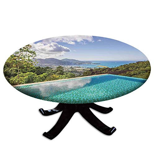 Elastic Edged Polyester Fitted Table Cover-Panoramic View of Islands Seychelles from Crystal Clean Pool Relaxation Decorative-Fits up to 36" Diameter Tables-The Ultimate Protection for Your Table-