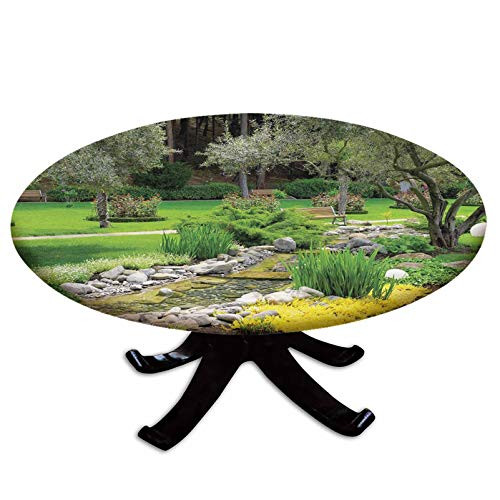 Elastic Edged Polyester Fitted Table Cover-Japanese Park Style Recreational View with Pond Grass Stones and Trees Landscape-Fits up to 36" Diameter Tables-The Ultimate Protection for Your Table-Green