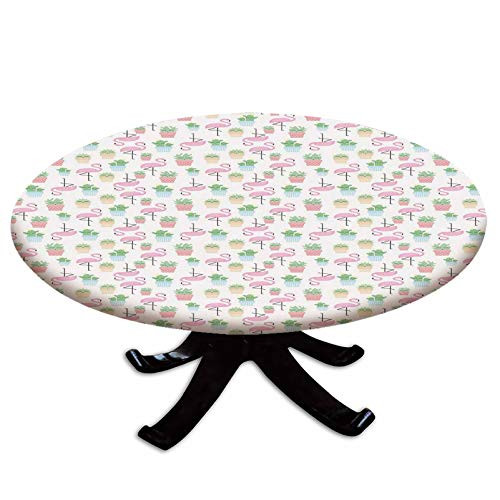 Elastic Edged Polyester Fitted Table Cover-Flamingos and Sleeping Plants in Pots Cute Children Cartoon Pattern Tropical Bird Decorative-Fits up to 36" Diameter Tables-The Ultimate Protection for Your