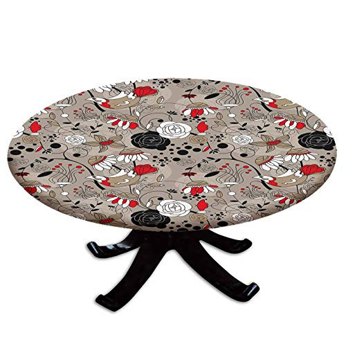 Elastic Edged Polyester Fitted Table Cover-Flowers Birds Seasonal Flourishing Nature in Earthen Toned Artful Illustration Decorative-Fits up to 36" Diameter Tables-The Ultimate Protection for Your Tab