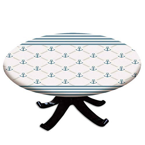 Elastic Edged Polyester Fitted Table Cover-Blue Stripes Frame with Abstract Stripes and Chain Figures Symmetrical Pattern Decorative-Fits up to 36" Diameter Tables-The Ultimate Protection for Your Tab Elastic Edged Polyester Fitted Table Cover-Blue Stripes Frame with Abstract Stripes and Chain Figures Symmetrical Pattern Decorative-Fits up to 36" Diameter Tables-The Ultimate Protection for Your Tab