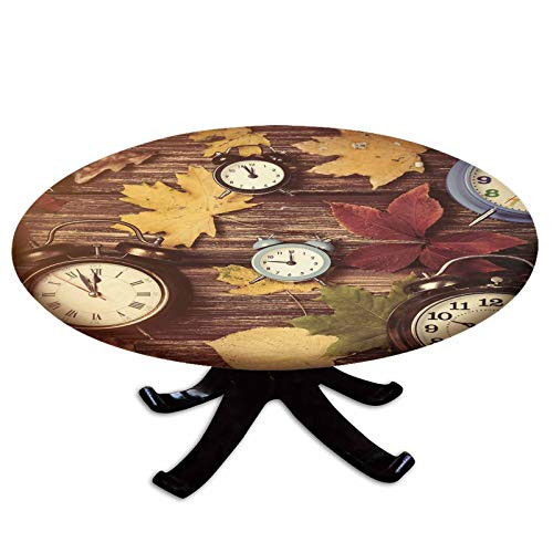 Elastic Edged Polyester Fitted Table Cover-Different Colored Dry Maple Leaves Various Alarm Clocks on Wooden Planks Print Decorative-Fits up to 36" Diameter Tables-The Ultimate Protection for Your Tab