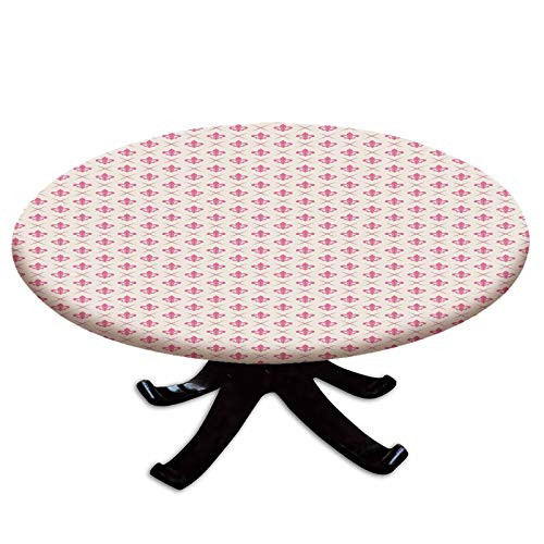 Elastic Edged Polyester Fitted Table Cover-Pink Colored Ancient Lily Flower Motifs with Checkered Pattern French Heraldry Decorative-Fits up to 36" Diameter Tables-The Ultimate Protection for Your Tab