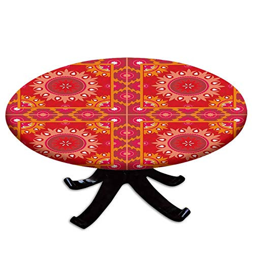 Elastic Edged Polyester Fitted Table Cover-Artistic Oriental Frames Squares with Asian Decorative Elements Symmetric Tile Decorative-Fits up to 36" Diameter Tables-The Ultimate Protection for Your Tab Elastic Edged Polyester Fitted Table Cover-Artistic Oriental Frames Squares with Asian Decorative Elements Symmetric Tile Decorative-Fits up to 36" Diameter Tables-The Ultimate Protection for Your Tab