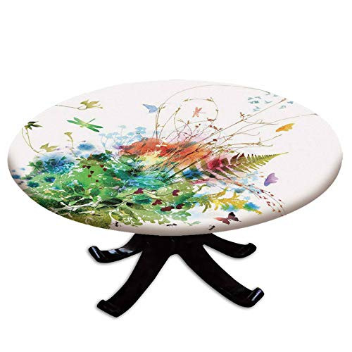 Elastic Edged Polyester Fitted Table Cover-Floral Jungle Foliage Summer Design Butterfly Dragonfly Herbs Fresh Leafage-Fits up to 36" Diameter Tables-The Ultimate Protection for Your Table-Multicolor