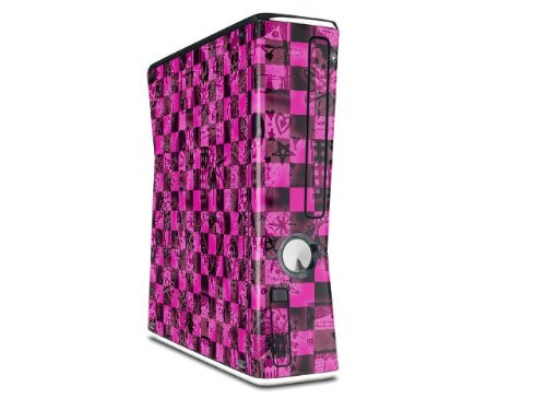 Pink Checkerboard Sketches Decal Style Skin for XBOX 360 Slim Vertical -OEM Packaging-