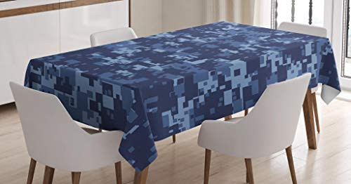 Ambesonne Camo Tablecloth, Militaristic Digital Effected Armed Forces Pattern Grunge Fashion in Blue, Dining Room Kitchen Rectangular Table Cover, 60 W X 84 L Inches, Dark Blue Light Blue