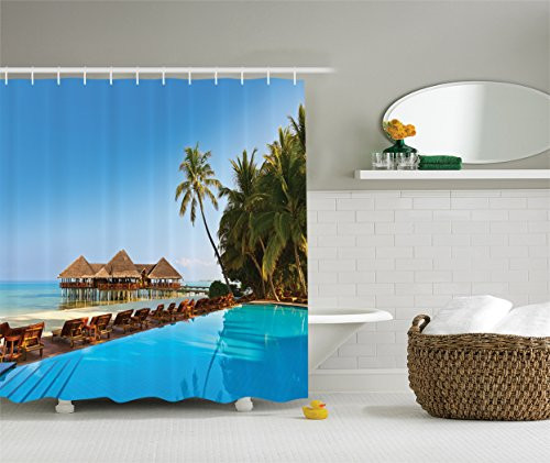 Ambesonne Seaside Decor Collection, Pool on Tropical Maldives Island with Bungalows Chairs Palm Trees Poolside Picture, Polyester Fabric Bathroom Shower Curtain, Blue Green Aqua Ivory