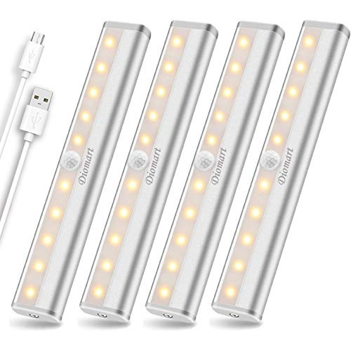Under Cabinet Lighting Wireless- 10 LED Rechargeable Motion Sensor Closet Lights- Stick On Lights- Under Counter Kitchen Lights LED Motion Night Light for Stairs Hallway Wardrobe- Warm White- 4 Pack