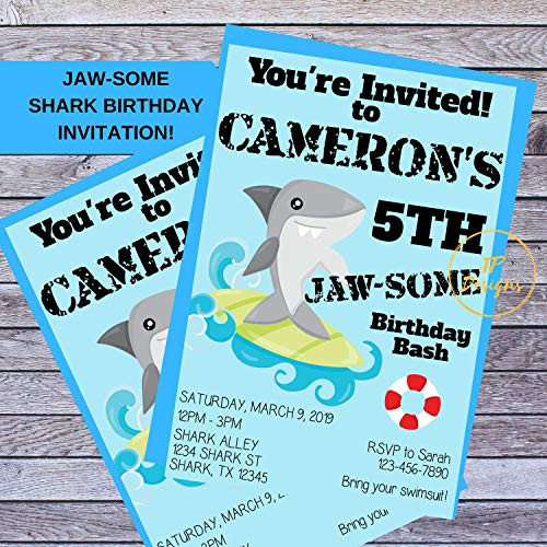 Custom Shark Birthday Party Invitation - JAWSOME Surfing Shark for Pool- Beach- Water- Splash Birthday Party 4x6-20 Invitations