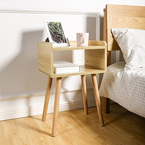 EXILOT Nightstand Mid-Century Modern Bedside Table with Solid Wood Legs Minimalist and Practical End Side Table- Light Walnut.