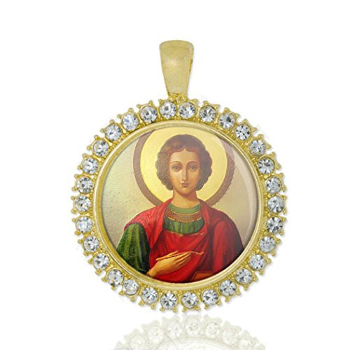 Realig St Pantaleon Christian Round Medal Gold Tone Pendant with Rhinestones Realig St Pantaleon Christian Round Medal Gold Tone Pendant with Rhinestones