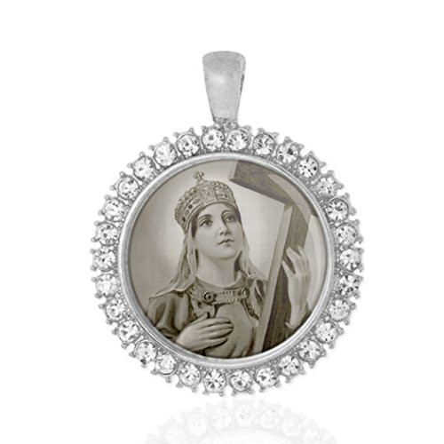St Helena Religious Round Medal Silver Tone Pendant with Rhinestones St Helena Religious Round Medal Silver Tone Pendant with Rhinestones