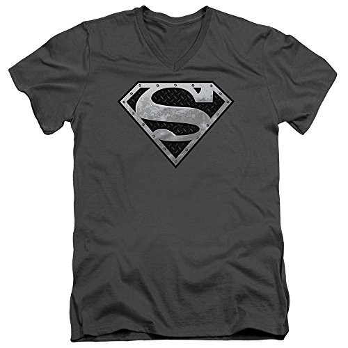 Superman Super Metallic Shield Unisex Adult V-Neck T Shirt for Men and Women- Large