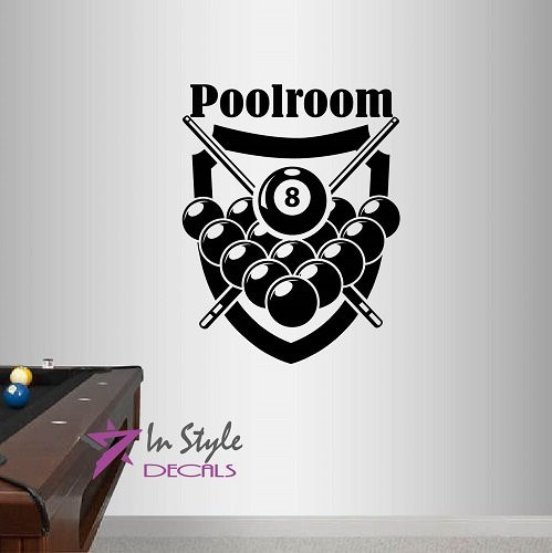 Wall Vinyl Decal Home Decor Art Sticker Poolroom Sign Billiards Pool Eight Ball and Crossed Cue Sticks Club Room Removable Stylish Mural Unique Design 2098