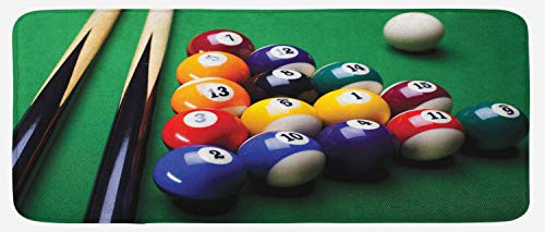 Lunarable Manly Kitchen Mat- Billiard Pool Balls Arrangement Snooker Contest Beginning Entertainment Game Print- Plush Decorative Kitchen Mat with Non Slip Backing- 47" X 19"- Fern Green