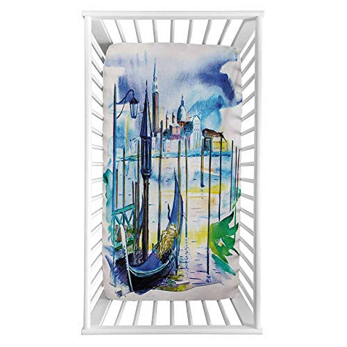 Landscape Fitted Crib Sheet-View with Boat in Venice Italy Landmark Seascape Scenic Watercolor Paint Microfiber Silky Soft Toddler Mattress Sheet Fitted-28"x 52"x 8''-Baby Sheet for Boys Girls