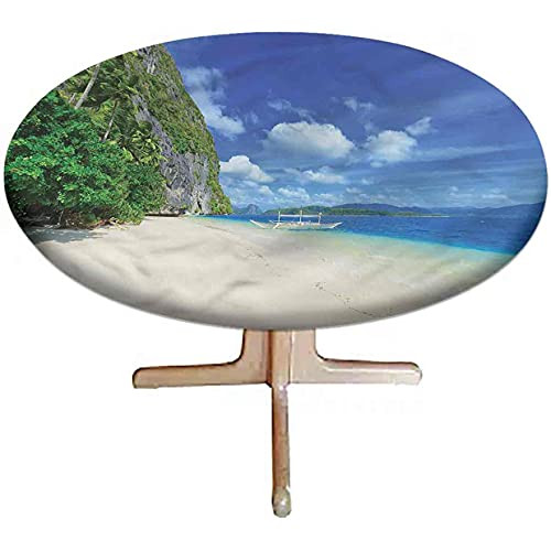 LCGGDB Tropical Elastic Edged Polyester Fitted Tablecloth- Sandy Beach Ocean Shore Round Fitted Table Colth Fits Round Table 31.5 Diameter- for Picnic- Indoor and Outdoor Dining