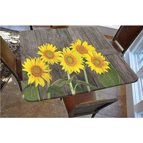 Sunflower Decor Polyester Fitted Tablecloth-Helianthus Sunflowers Against Weathered Aged Fence Summer Garden Photo Print Square Elastic Edge Fitted Table Cover-Fits Square Tables 36x36 Brown Yellow G