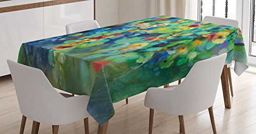Ambesonne Watercolor Flower Home Decor Tablecloth, Vibrant Blooms Clusters Down from Branch Spring Season Image, Dining Room Kitchen Rectangular Table Cover, 60 W X 84 L Inches, Green Blue
