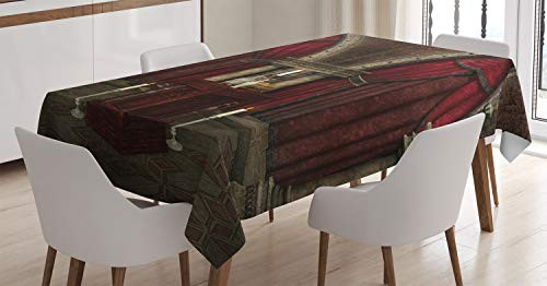 Ambesonne Gothic Tablecloth, Mysterious Dark Room in Castle Ancient Pillars Candles Ancient Atmosphere Pattern, Dining Room Kitchen Rectangular Table Cover, 60 W X 84 L Inches, Black and Red