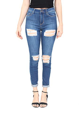 Cello Jeans Women  High Rise Straight Cut Distress Crop Skinny Jeans with Rolled Cuff 1 Medium Denim