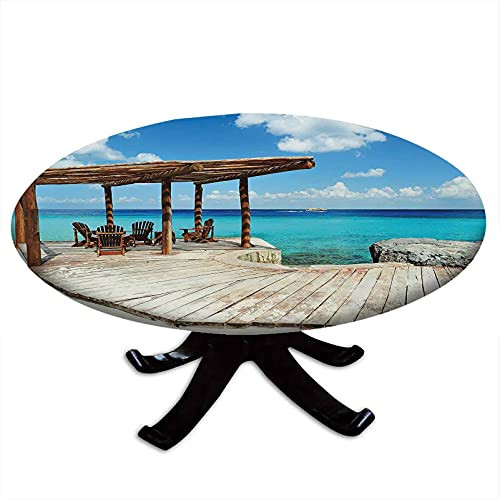 Coastal Round Fitted Tablecloth- Wooden Terrace Next to Beach with Vivid Blue Water Veranda Exotic Ocean Photo- Elastic Edge- Waterproof and wipeable- Fits Tables 43" - 47" Diameter Brown Aqua Blue