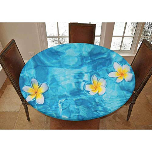 Elastic Polyester Fitted Table Cover-Tropical Frangipani Flower Floating in Water Pool Summertime Ecofriendly Decorative Fitted Round Tablecolth- Fits Tables up to 36 Diameter-Aqua Yellow White