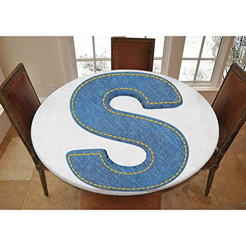 Elastic Polyester Fitted Table Cover-Retro Style Denim Letter Character on White Background Conceptual Typography Decorative Fitted Round Tablecolth- Fits Tables up to 36 Diameter-Blue Yellow