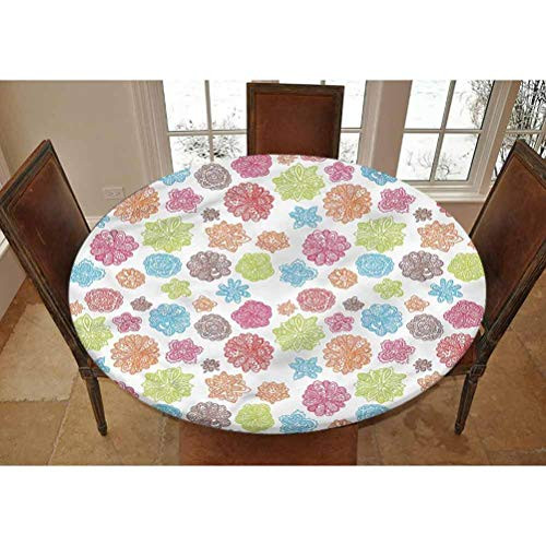 LCGGDB Floral Elastic Edged Polyester Fitted Tablecolth -Doodle Style Colorful Motifs- XSmall Round Fitted Table Cover - Fits Tables up to 39" Diameter-The Ultimate Protection for Your Table
