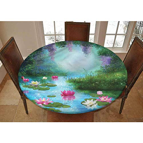 LCGGDB Nature Elastic Edged Polyester Fitted Tablecolth -Fantasy Pond Water Lily- XSmall Round Fitted Table Cover - Fits Tables up to 39" Diameter-The Ultimate Protection for Your Table