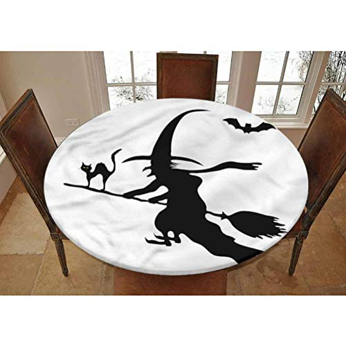 LCGGDB Witch Elastic Edged Polyester Fitted Tablecolth -Monochrome Halloween Symbol- XSmall Round Fitted Table Cover - Fits Tables up to 39" Diameter-The Ultimate Protection for Your Table