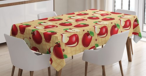 Lunarable Apple Tablecloth, Red Apples Whole and Sliced on Wicker Natural Wood Background Graphic Print, Dining Room Kitchen Rectangular Table Cover, 60 W X 84 L inches, Sand Brown Red Green
