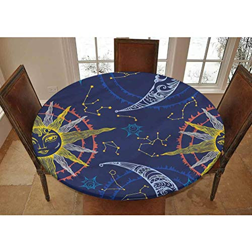 LCGGDB Zodiac Elastic Edged Polyester Fitted Tablecolth -Sun and Crescent Moon- XSmall Round Fitted Table Cover - Fits Tables up to 39" Diameter-The Ultimate Protection for Your Table