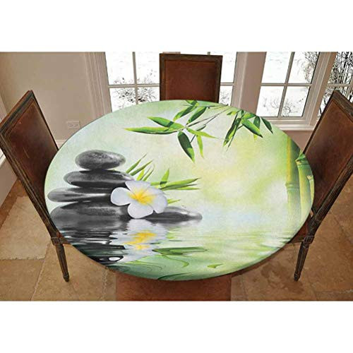 Elastic Polyester Fitted Table Cover-Garden with Frangipani Bamboo Japanese Relaxation Resting Travel Decorative Fitted Round Tablecolth- Fits Tables up to 36 Diameter-Pale Green Charcoal Grey Yellow