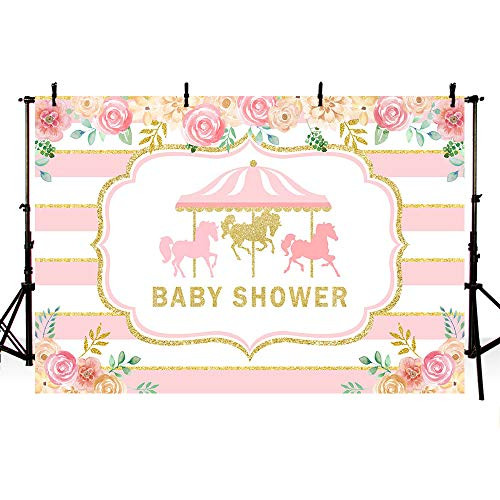 MEHOFOTO Carousel Girl Baby Shower Photo Studio Booth Background Pink Floral Shimmer Gold Pink and White Stripes Princess Royal Celebration Photography Backdrops Banner for Cake Table Supplies 7x5ft MEHOFOTO Carousel Girl Baby Shower Photo Studio Booth Background Pink Floral Shimmer Gold Pink and White Stripes Princess Royal Celebration Photography Backdrops Banner for Cake Table Supplies 7x5ft