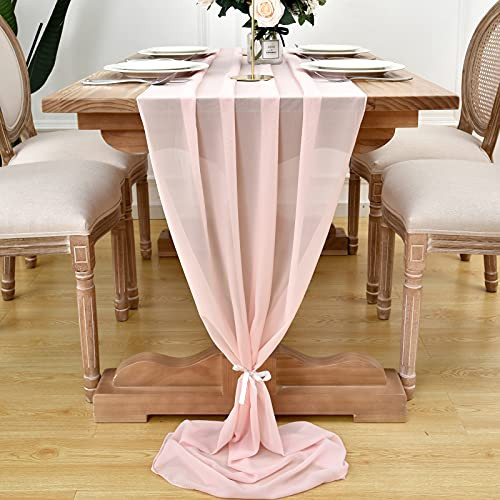 DOLOPL 4 Pack Light Pink Chiffon Table Runner 10ft Sheer Wedding Table Runner 29x120 Inches Romantic Tulle Table Runner for Wedding Decor Birthday Party Bridal Baby Shower Table Decoration