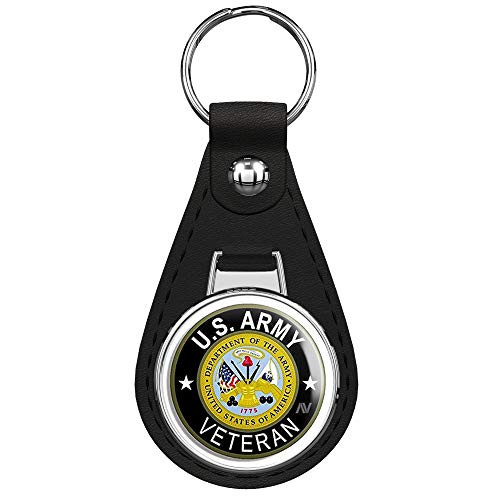 PRS Vinyl Round U.S. Army Veteran -Vet Soldier gi Military Logo- Black Leather Keychain Silver Keyring