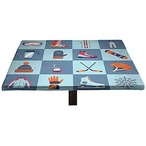 Lyzelre Sports Elastic Edged Polyester Fitted Table Cover- Ice Skating Winter Sports Skiing Boot Cap Glasses Skates Snowboard Fitted Square Table Cloths- Fit 36"x36" Square Table for Banquet