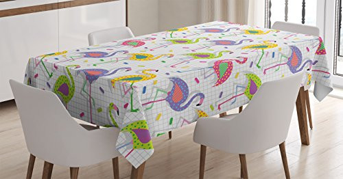 Ambesonne Flamingo Decor Tablecloth, Colorful Retro Vintage 8os Flamingo Patterns in Polka Dot Design Checked Background, Rectangular Table Cover for Dining Room Kitchen, 60x84 inch, Multi
