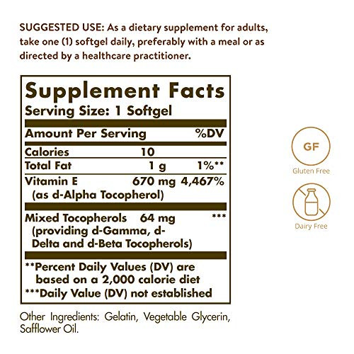 Solgar Vitamin E 670 mg 1000 IU Mixed Softgels Natural Antioxidant Skin Immune System Support NaturallySourced Vitamin E Gluten Free Dairy Free Servings- 180 Count Solgar Vitamin E 670 mg 1000 IU Mixed Softgels Natural Antioxidant Skin Immune System Support NaturallySourced Vitamin E Gluten Free Dairy Free Servings- 180 Count
