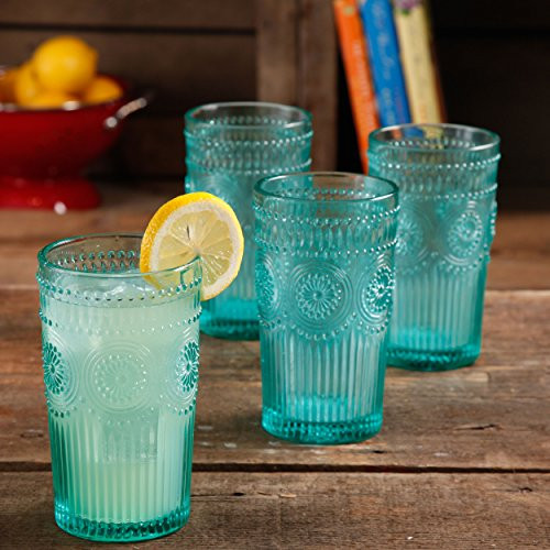 The Pioneer Woman Adeline 16-Ounce Emboss Glass Tumblers- Set of 4 -Turquoise-