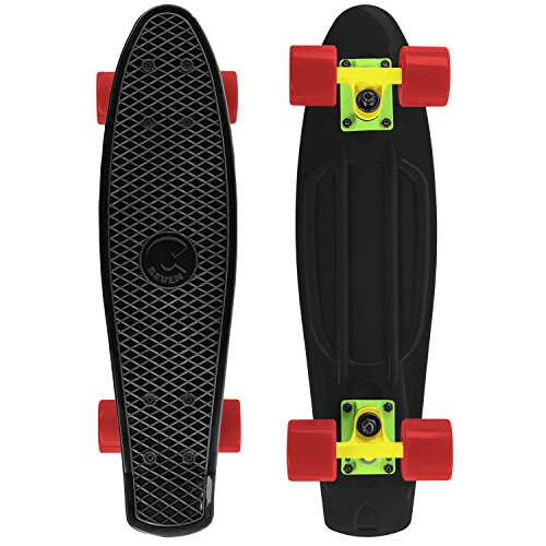 Cal 7 Complete Mini Cruiser Skateboard, 22 Inch Plastic in Retro Design (Black, Yellow, and Red)