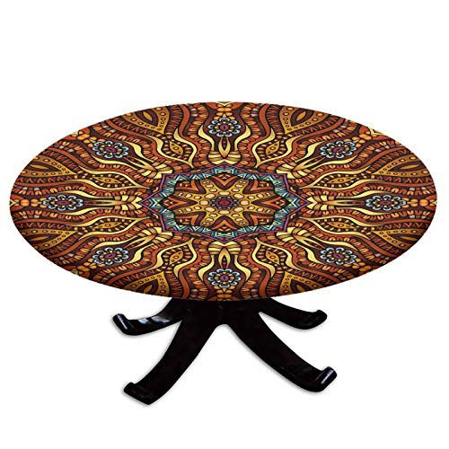 Elastic Edged Polyester Fitted Table Cover-Ethnic Mosaic Like Kaleidoscope Design with Floral Swirls Image Decorative-Fits up 40"-44" Diameter Tables-The Ultimate Protection for Your Table-Brown Blue