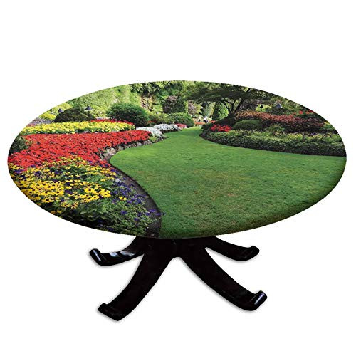 Elastic Edged Polyester Fitted Table Cover-Curvy Border of Grasses and Flower Beds in Formal Garden Summer Days Landmarks-Fits up 40"-44" Diameter Tables-The Ultimate Protection for Your Table-