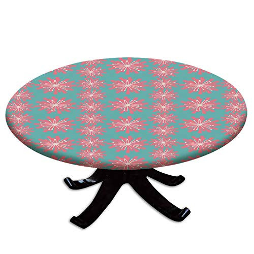 Elastic Edged Polyester Fitted Table Cover-Germinating Plants Wildflowers Twigs Sprouts Buds Lively Rustic Patio-Fits up 40"-44" Diameter Tables-The Ultimate Protection for Your Table-Teal Pink White