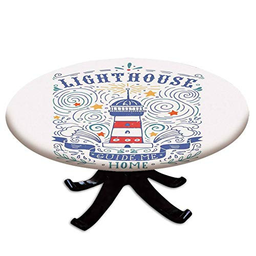 Elastic Edged Polyester Fitted Table Cover-Vintage Styled Hand Drawn Lighthouse Art Print Typography Stars Waves Branches Lettering-Fits up 40"-44" Diameter Tables-The Ultimate Protection for Your Tab