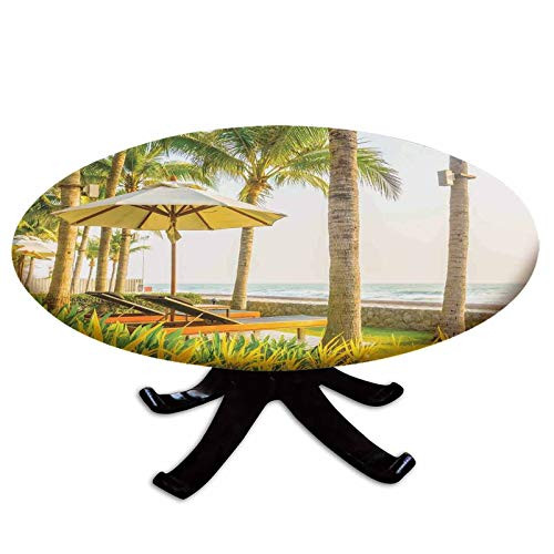 Elastic Edged Polyester Fitted Table Cover-Palm Trees Umbrella and Chairs Around Swimming Pool in Hotel Resort Image-Fits up 40"-44" Diameter Tables-The Ultimate Protection for Your Table-Yellow Green